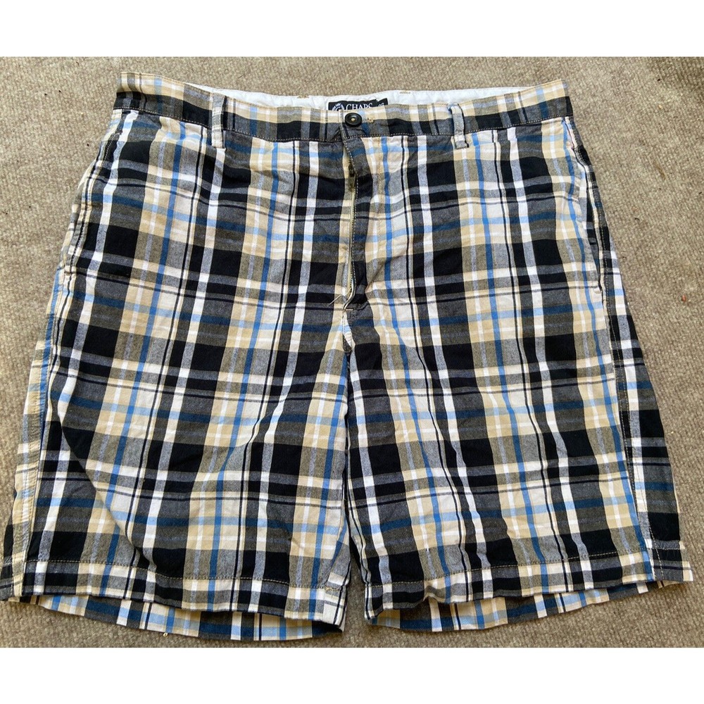 Ralph Lauren CHAPs  Black/Khaki Plaid Flat Front 100% Cotton Shorts 36